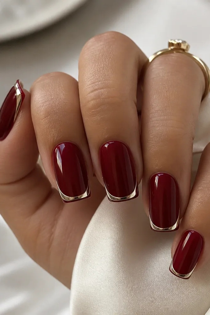 Squoval nails with a deep red base. The tips have a crisp French arc that is outlined in mirror chrome, with the center of the tip left in red. The chrome line is thin and razor-clean.