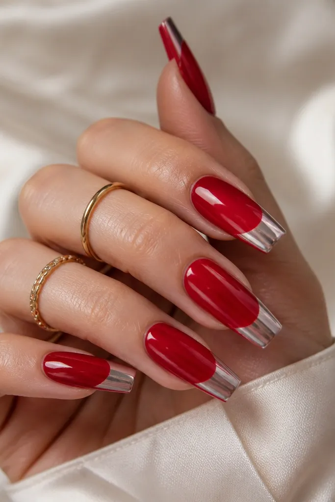Medium coffin nails. The main nail is glossy red. Across the tip is a French arc, but the center window of the arc is left clear or nude, with mirror chrome filling only the sides of the French shape.