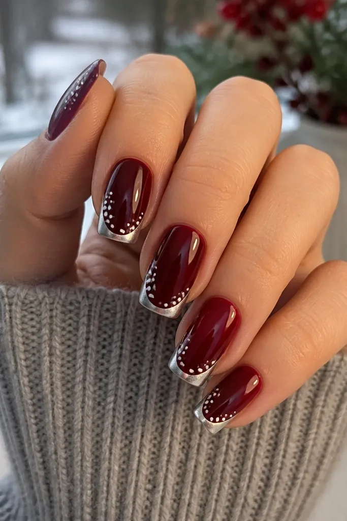 Medium squoval nails painted deep wine red. The French tips are mirror chrome with a sharp arc. On the chrome near the outer corners are tiny white dot clusters that look like snow.