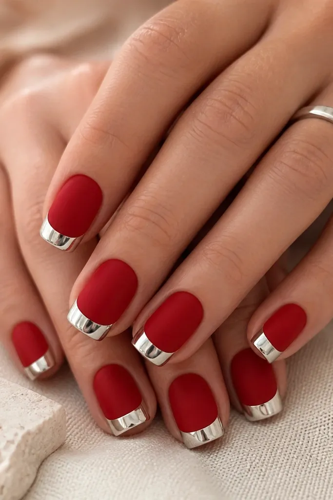 Short squoval nails. The red base is matte, like velvet. The French tips are glossy mirror chrome with a crisp arc and bright reflections.