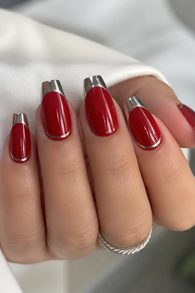 Medium coffin nails with glossy red base. The French tip is a solid chrome band, and a thinner mirror chrome line runs just above the arc like a second border. The double line catches light.
