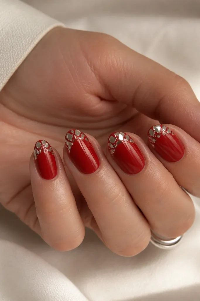 Short almond nails in red. The French tips are not fully chrome; instead, they have mirror chrome foil shards scattered inside the tip area, with red still visible between pieces.