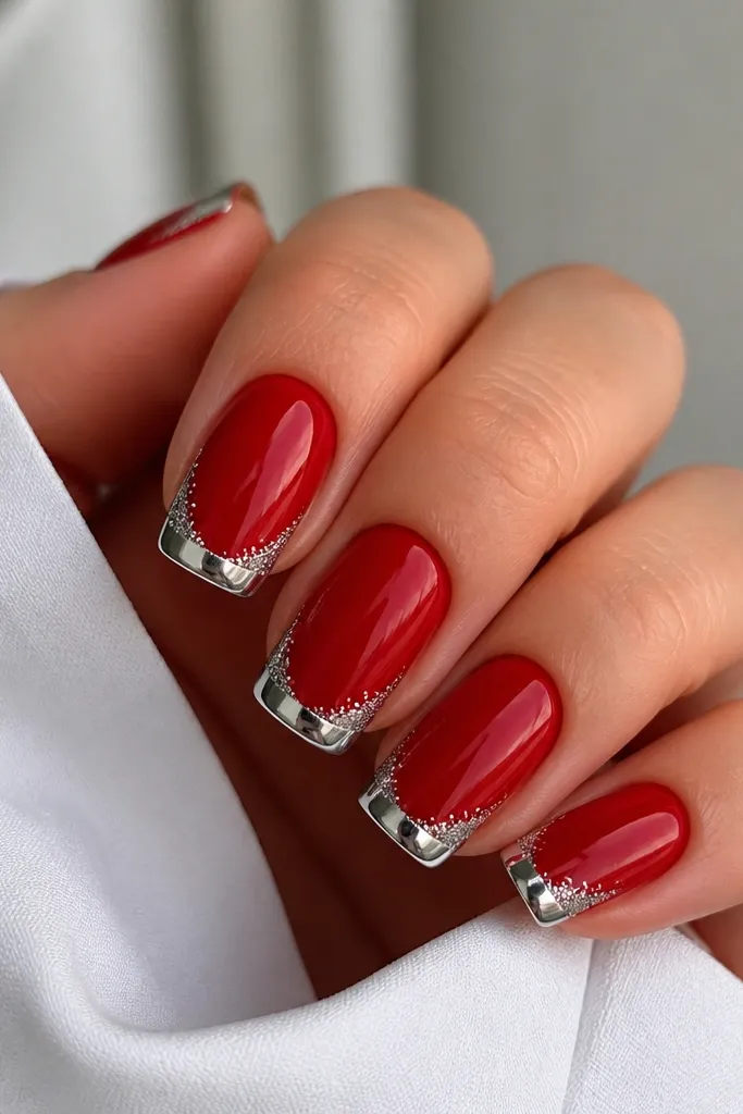 Squoval nails with glossy red base. The French tips are mirror chrome, but the corners have extra chrome glitter dust concentrated near the sidewalls. The center of each tip is clean and mirror-smooth.