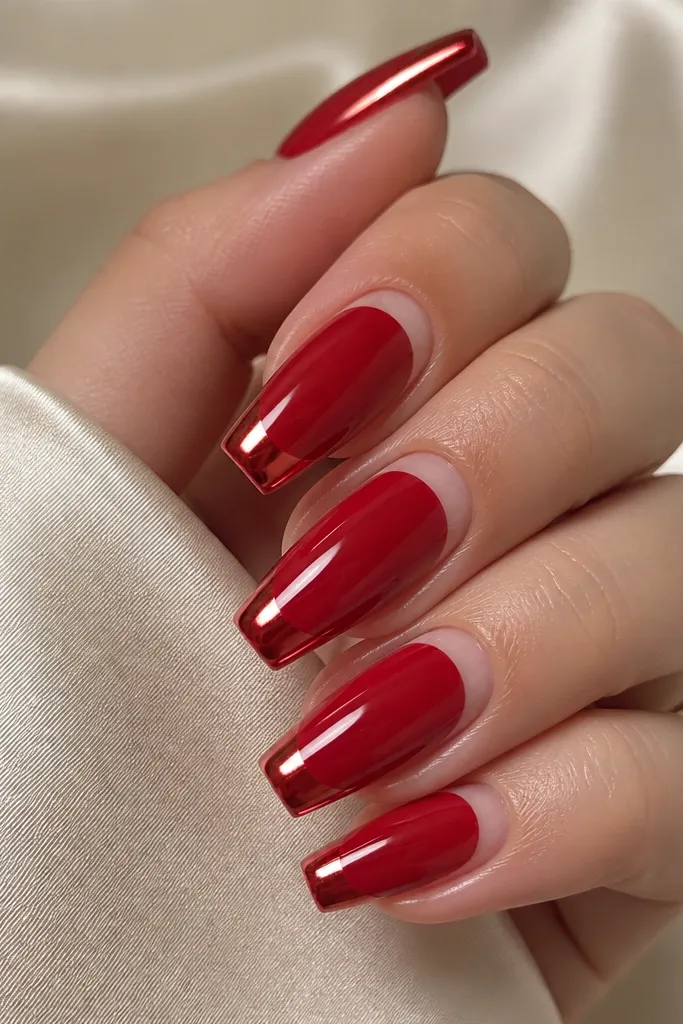 Medium coffin nails with crimson red. A mirror chrome smile line sits across the tip, and there is a thin negative border just under the cuticle area that stays nude, creating a frame effect.