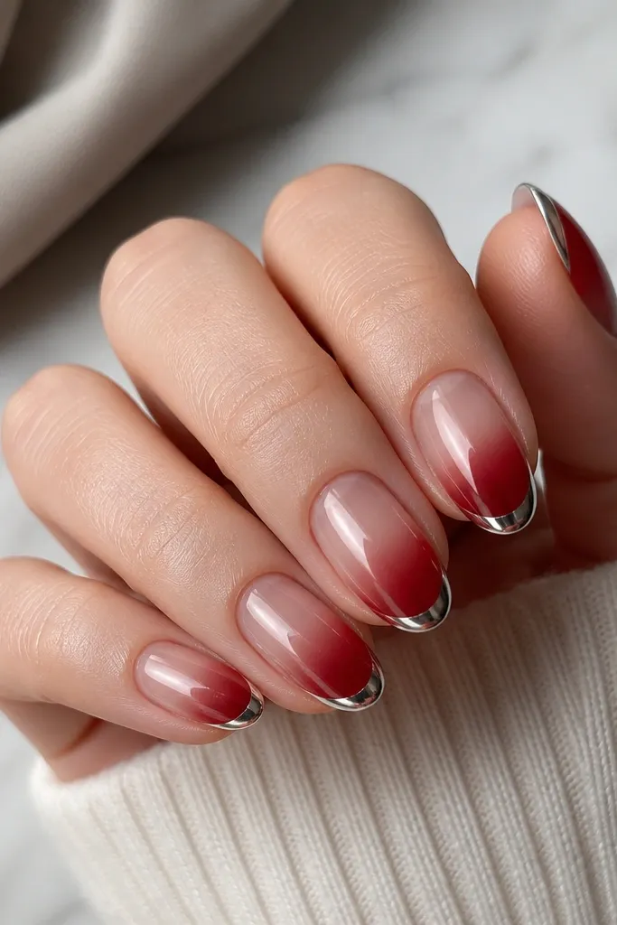 Short almond nails with a red ombré that fades upward into a clear jelly center near the middle. The French tips are mirror chrome with a crisp arc. The overall look has a glassy, layered feel.