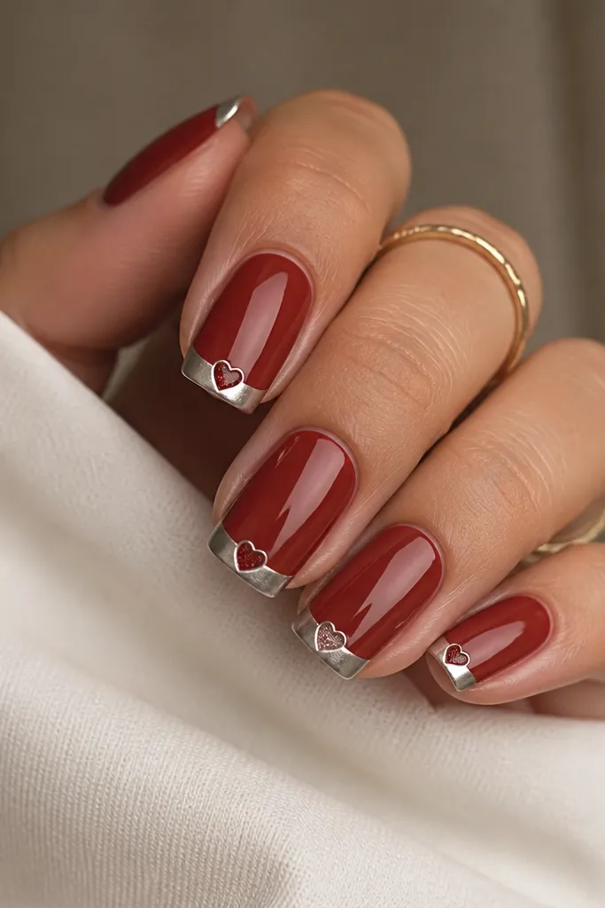 Squoval nails in warm brick red. The French tips are mirror chrome, and near the center of each chrome tip there is a tiny heart-shaped cutout filled with red or clear glitter, like a micro charm.