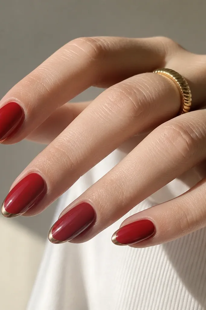 Medium almond nails with glossy red base. The French tip has a chrome halo ring along the very edge, leaving the inside of the tip red. The ring looks like a thin metallic outline that curves with the smile.