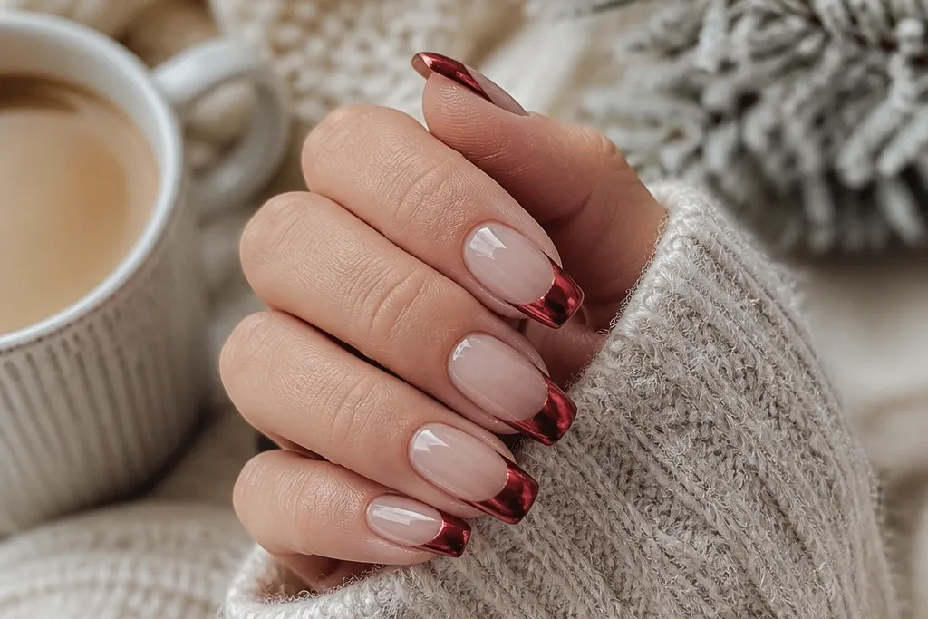 Cozy winter red chrome French tips