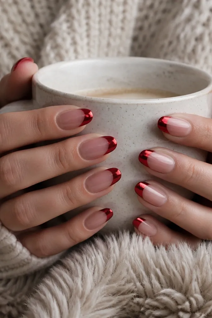 Cozy winter red chrome French tips