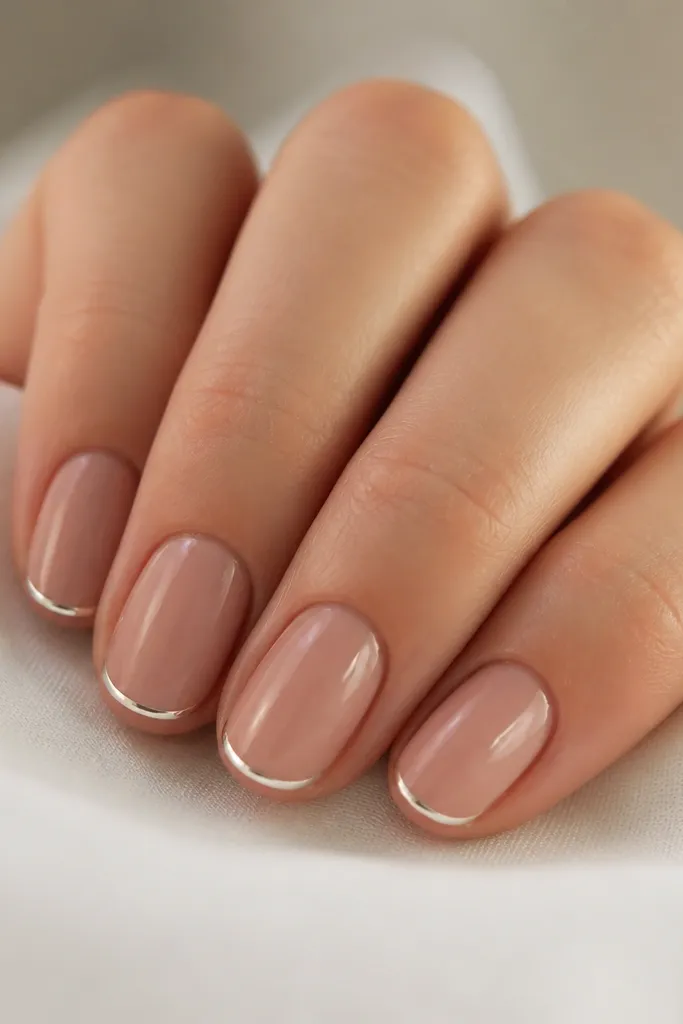 Short oval nails with a nude pink base and a very thin silver chrome French line at the tip, mirror shine, no extra gems.