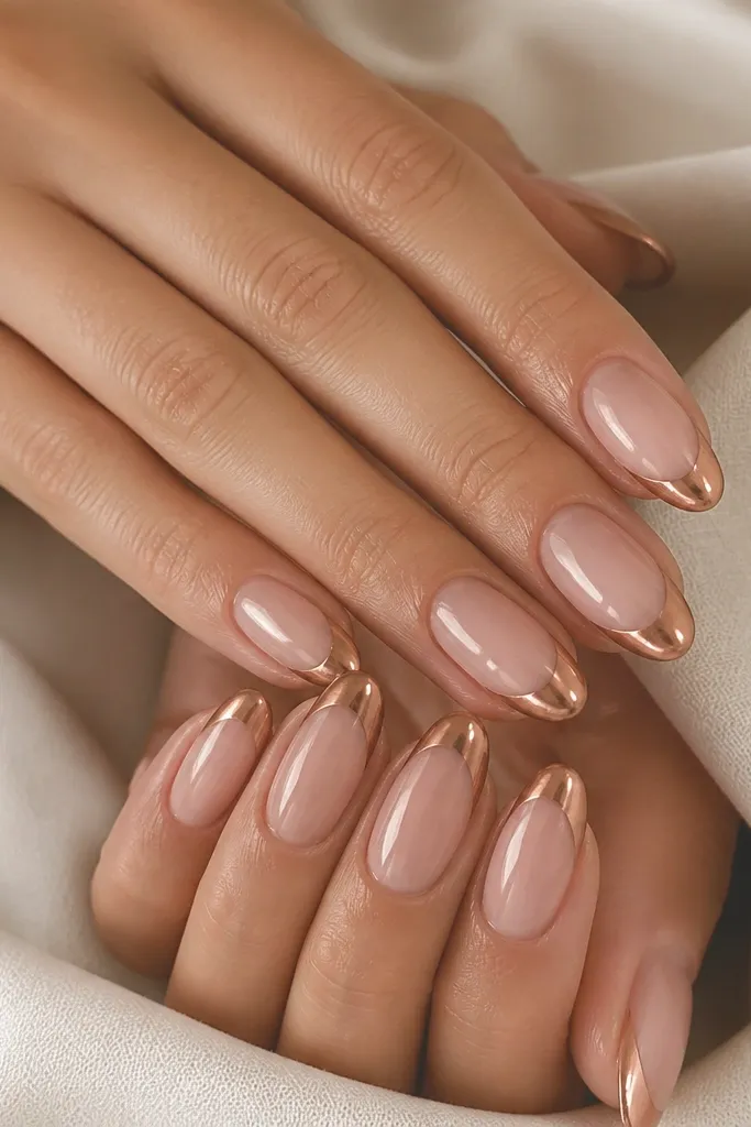 Medium almond nails with blush nude base and a smooth rose gold chrome French curve, glossy mirror finish, no glitter.