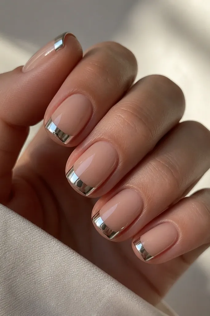 Short square nails with cool nude base and a crisp platinum chrome French tip, mirror shine with sharp edges.