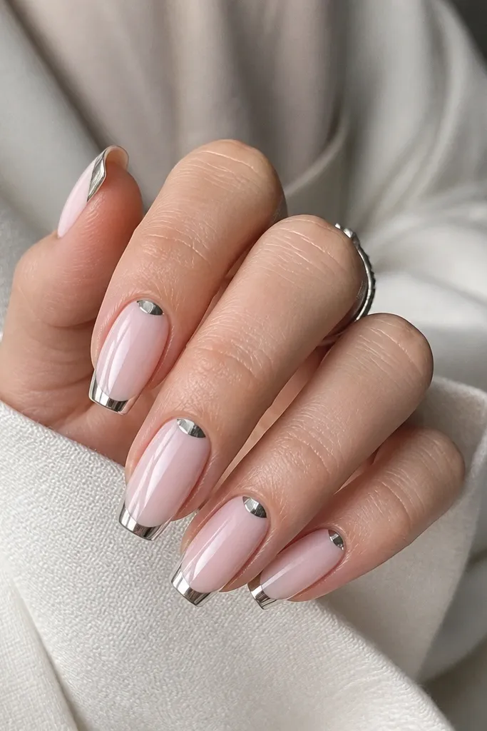 Medium coffin nails with milky pink base, a chrome French tip, and a tiny chrome half-moon near the cuticle on each nail.