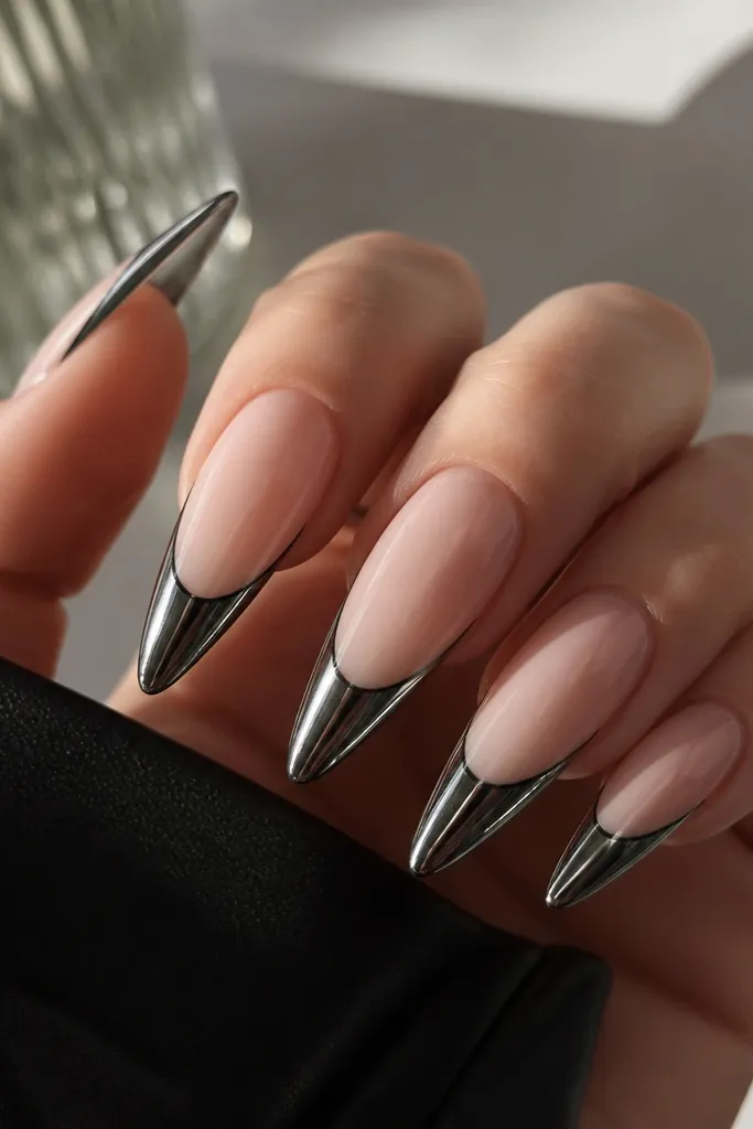 Long stiletto nails with sheer nude base and a black gel French line area fully chrome-mirrored, looking ultra reflective.