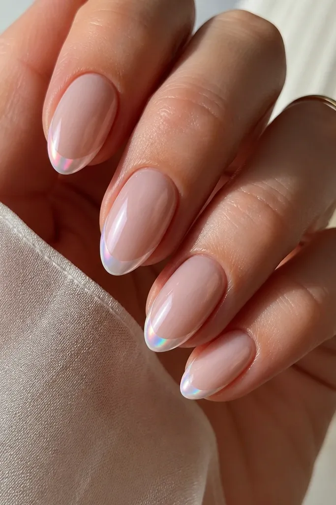 Short almond nails with pearl nude base and opal chrome French tips that shift from pink to blue under light.