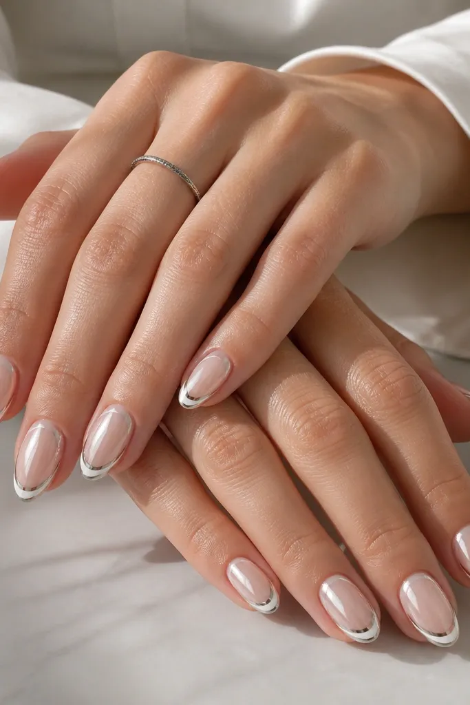 Medium oval nails with bright white French tip and a thin silver chrome layer on top, glossy and reflective.