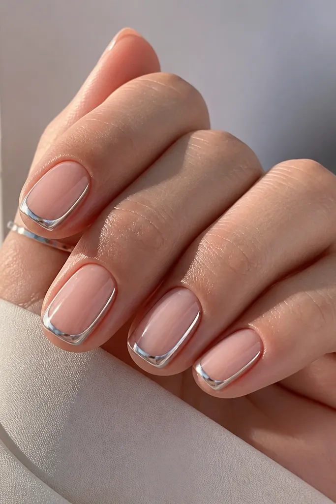Short squoval nails with a clear jelly nude base and a chrome French border that looks like a glossy frame.