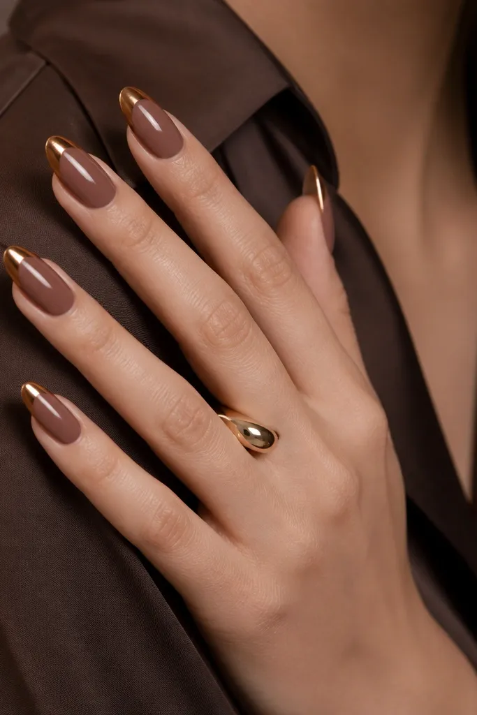 Medium almond nails with warm chocolate nude base and copper chrome French tips, glowing like metal coins.