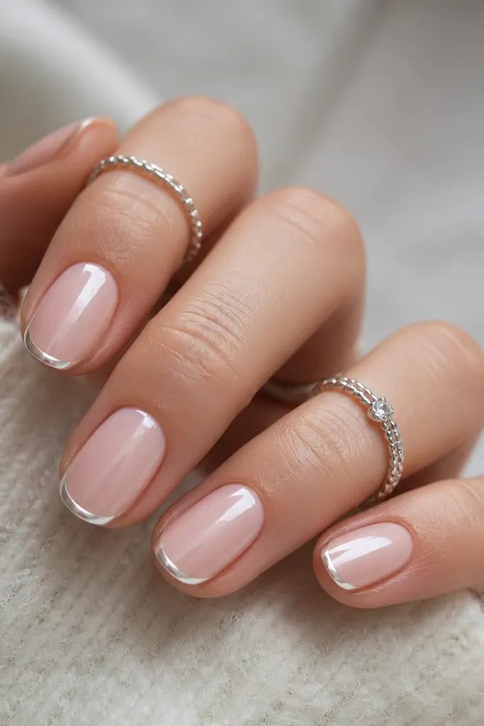 Short oval nails with icy pink base and a chrome French line that sits like a thin snowcap at the very tip.