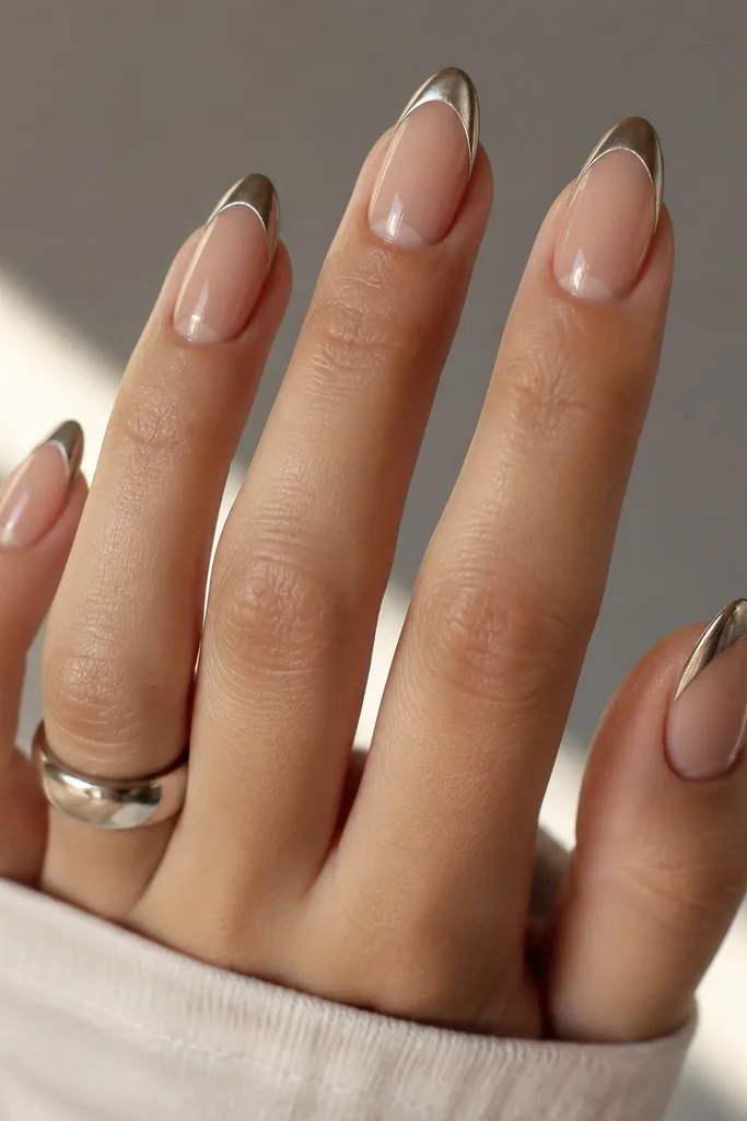 Medium almond nails with nude base and a chrome French tip that leaves a clean negative-space half-moon gap near the center.