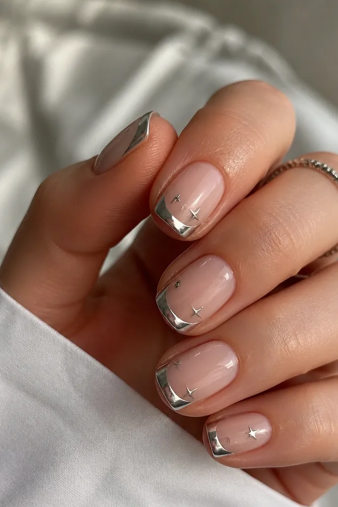 Short squoval nails with blush nude base, silver chrome French tips, and tiny star-shaped foil accents near the tip.