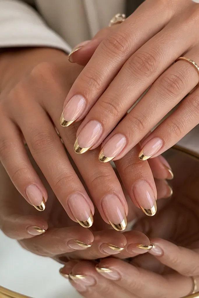 Medium almond nails with champagne nude base and gold chrome French tips, high shine mirror reflection.