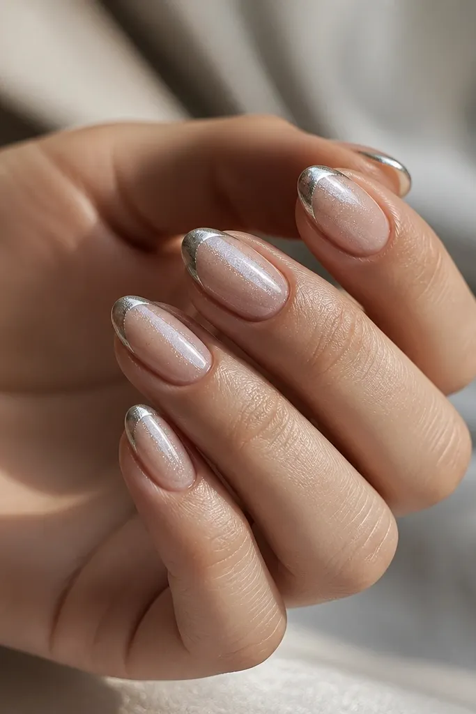 Short almond nails with nude base and chrome French tips, plus a subtle iridescent sparkle in the top coat.