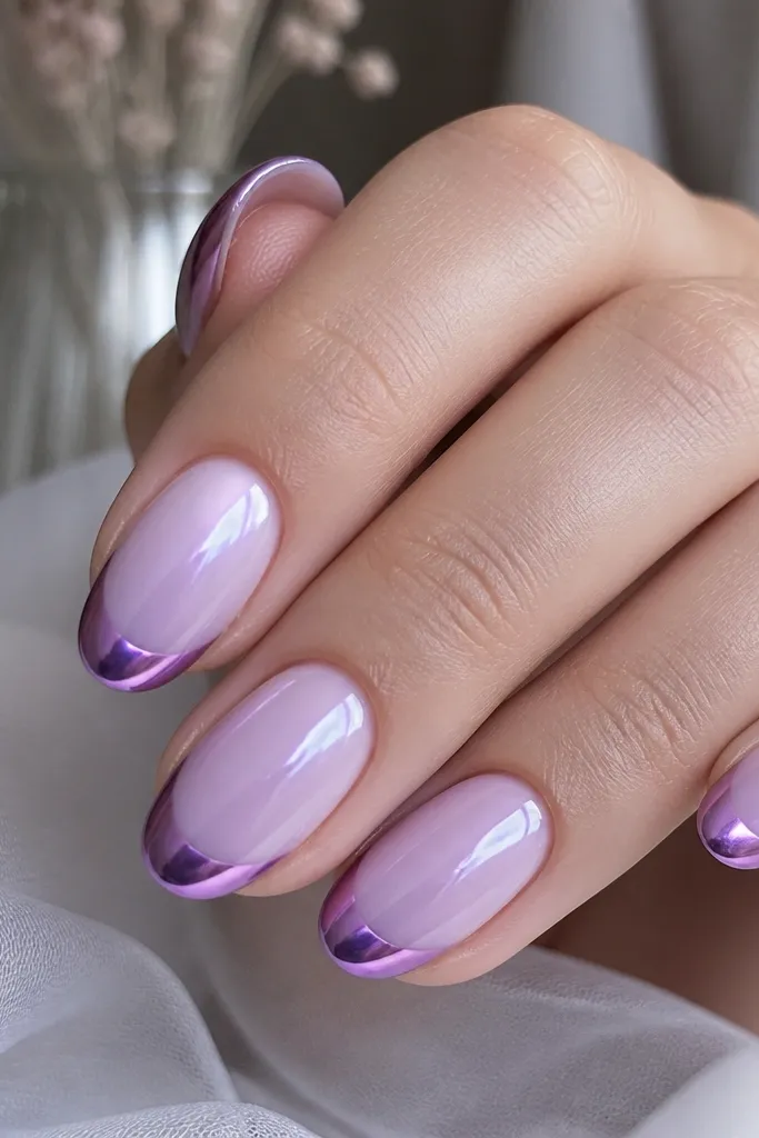 Medium oval nails with soft lilac nude base and purple chrome French tips, mirror shine with violet glow.