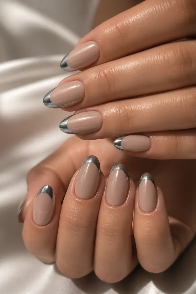 Medium almond nails with taupe nude base and smoky gray chrome French tips, mirror finish with cool tone.