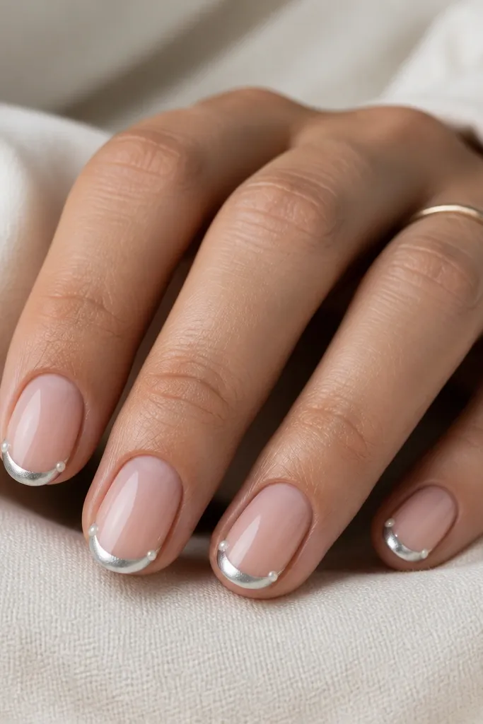 Short oval nails with nude base, silver chrome French tips, and tiny white pearl dots at the two corners of each French line.