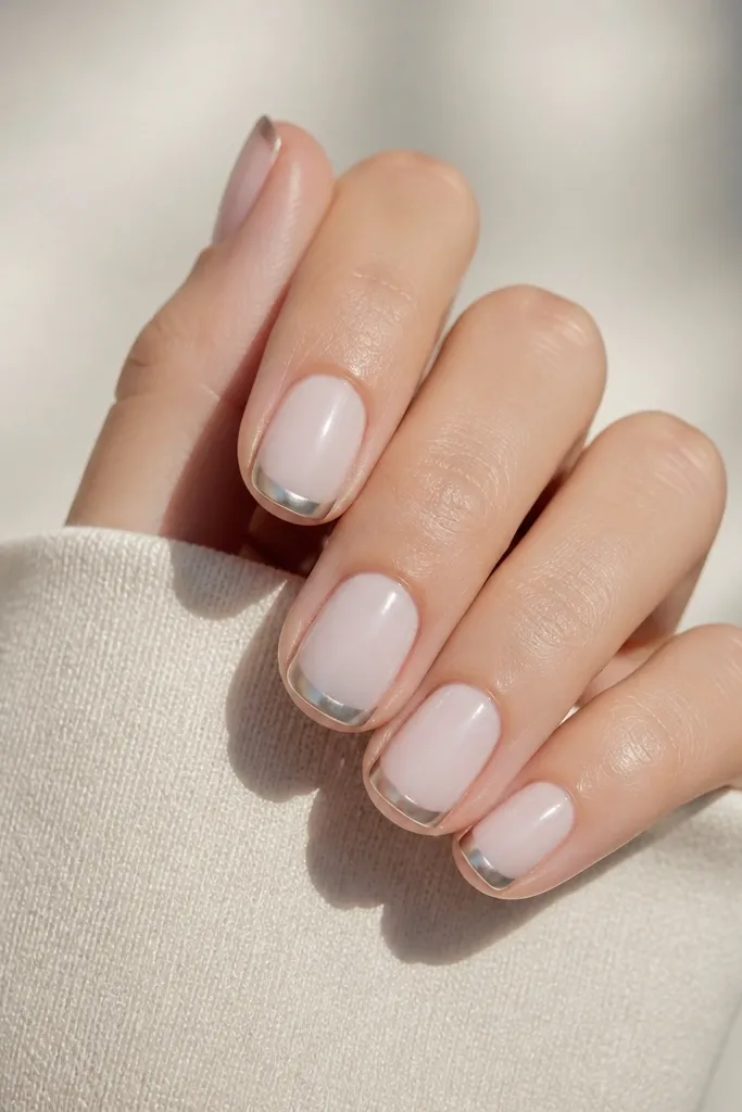 Short squoval nails with a milky pearl nude base. The French tip is silver chrome in a very thin band, fading softly downward into the nude with a smooth gradient and a crisp curved smile line.