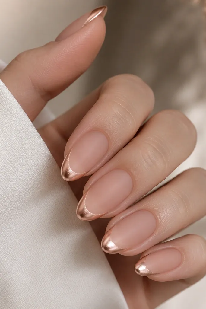 Medium almond nails in a rosy nude shade. The French tip is rose-gold chrome with a curved smile line and a smooth ombre fade that turns into a soft rose shimmer near the mid-tip. The rest of the nail stays matte and nude.