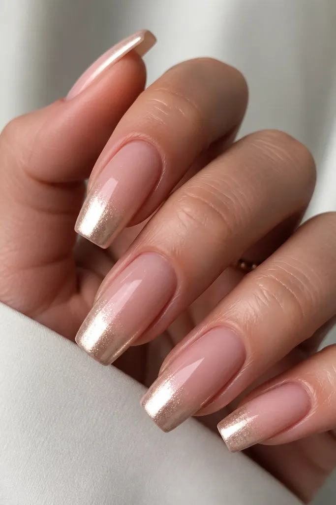 Long squoval nails with a nude pink base. A champagne-chrome French tip fades down into a light shimmer, with the brightest area at the very edge and a gentle blur into the nude.