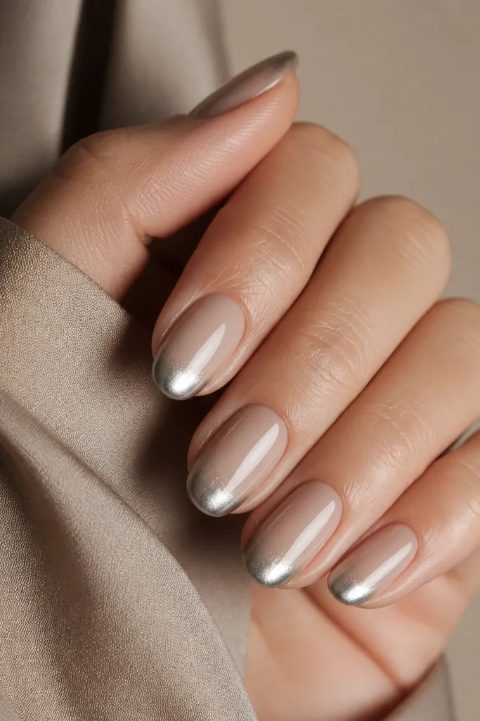 Short-to-medium oval nails in a warm latte beige nude. The French tip is mirror silver chrome, fading down into the beige in a smooth gradient band with a soft edge.