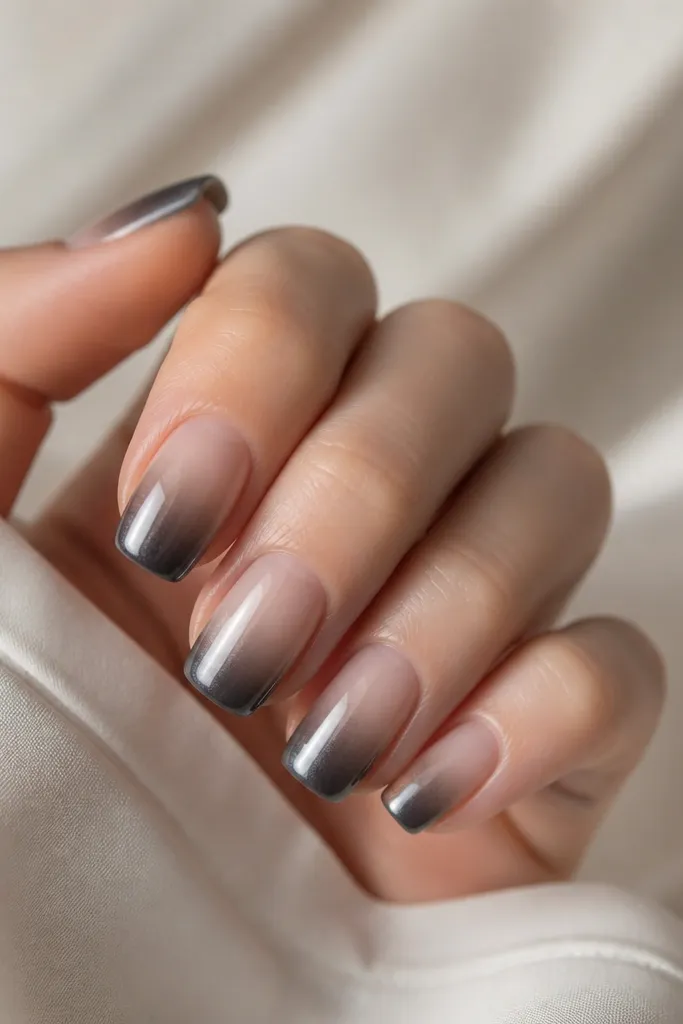 Squoval nails with a sheer nude base. The French tip is gunmetal (dark gray) chrome that fades into the nude with a smoky gradient, keeping the tip darker and the middle almost translucent.
