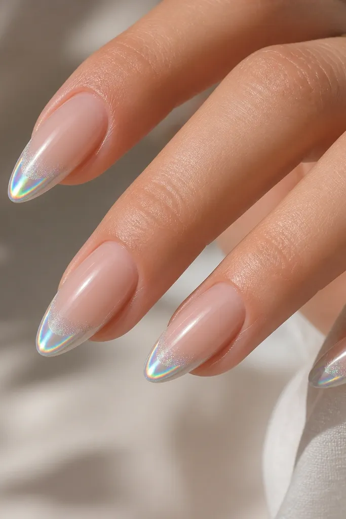 Almond nails with a clear base that shows natural nail tone. The French tip fades from bright iridescent chrome at the very edge into a subtle holographic shimmer toward the middle.