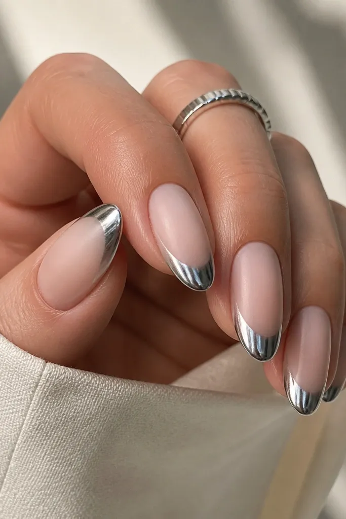 Medium almond nails with a matte nude base. The chrome French tip is glossy silver mirror at the edge and fades into the matte nude with a smooth gradient line.