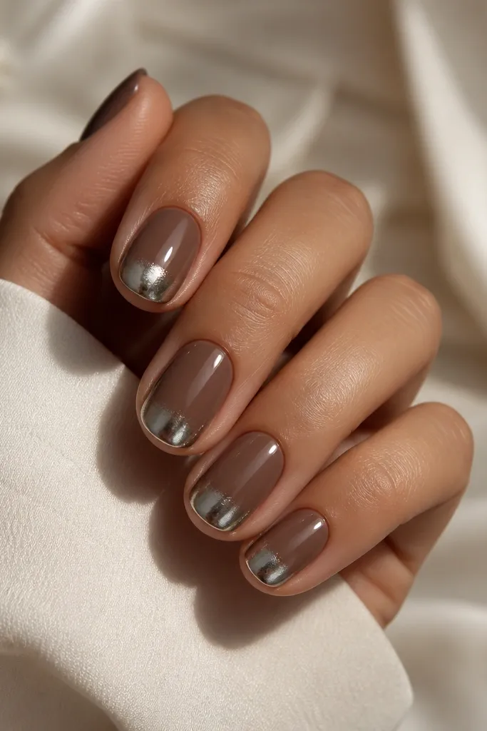 Short oval nails in a deep chocolate-nude brown. The French tip has silver chrome that fades downward in a smooth gradient, with the darkest chrome at the tip edge.