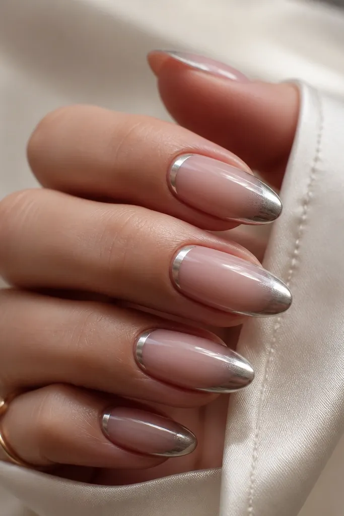 Almond nails in neutral pink nude. The French tip is silver chrome with a fade, and there's a subtle half-moon of chrome near the upper side of the nail, blending into the ombre tip.