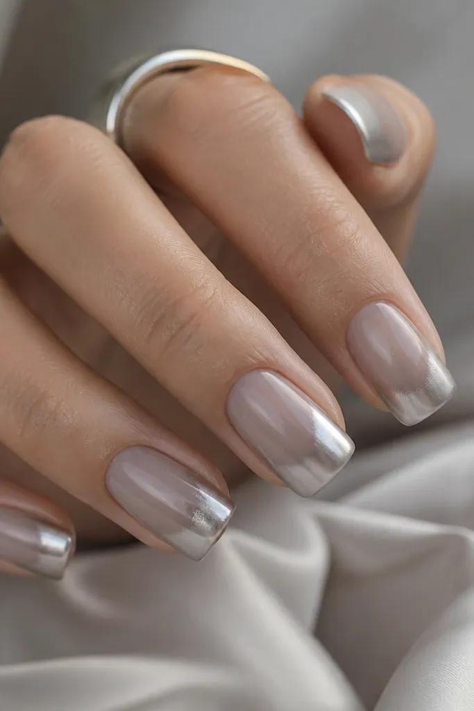 Squoval nails with a foggy gray nude base. The French tip is silver chrome fading into the base with a slightly blurred, cloud-like edge at the bottom of the chrome area.