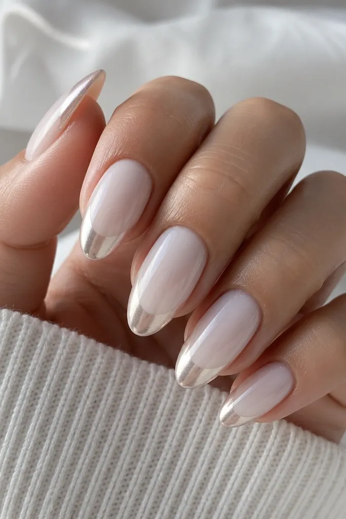 Medium almond nails with a soft white jelly nude base. The chrome French tip fades downward, and the fade start point is slightly staggered across nails, creating a gentle staggered effect.