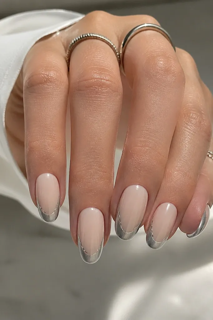 Oval nails in nude beige. The French tip is silver chrome fading down, plus there are two very thin chrome lines on the side edges near the tip that blend into the ombre.
