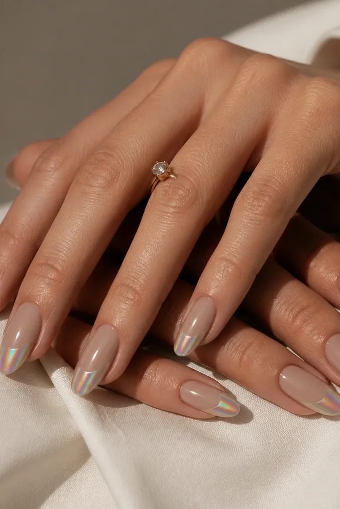 Medium almond nails in taupe nude. The French tip is iridescent chrome fading into the taupe, showing subtle rainbow shifts at the tip that soften toward the middle.