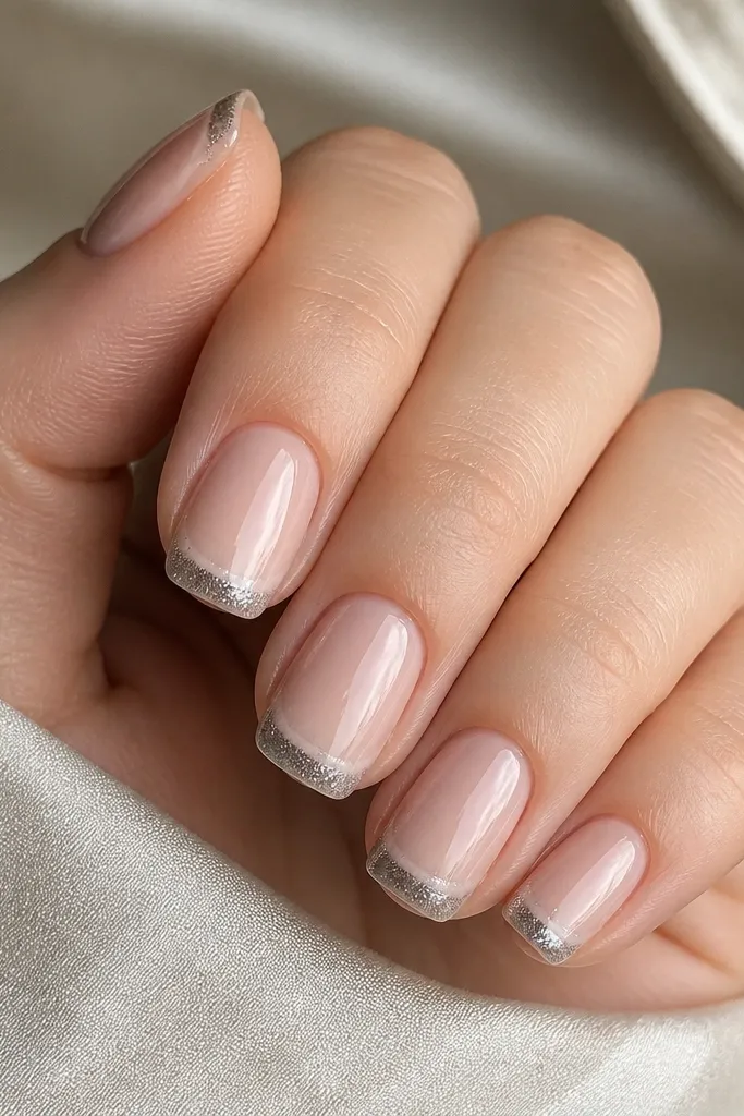 Short squoval nails in creamy nude. The French tip is silver chrome fading down, and there's a barely-there micro glitter dust concentrated at the very tip edge before it fades.