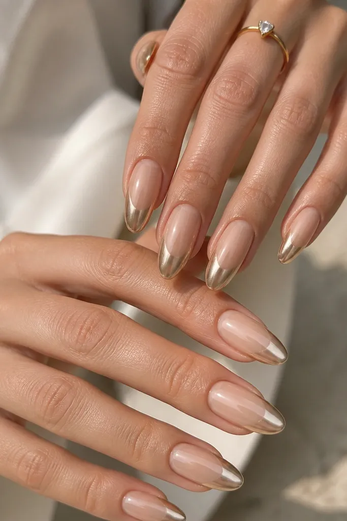Medium almond nails in champagne nude. The French tip fades down, and the center of the tip is brighter mirror chrome while the sides fade slightly softer, creating a split brightness effect.