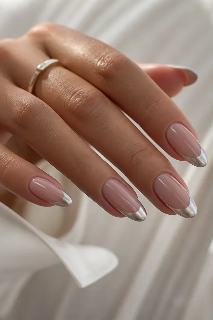 Almond nails in nude rose. The French tip is silver chrome ombre fading downward, but there is a thin negative space gap between the chrome and the nude base near the smile line, like a hairline border.