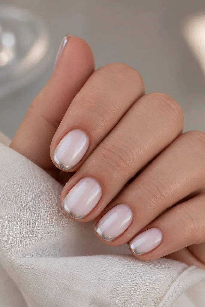 Short oval nails with a white milk base. Only the very edge of the French tip has silver chrome, fading into the milk base in a narrow gradient band.