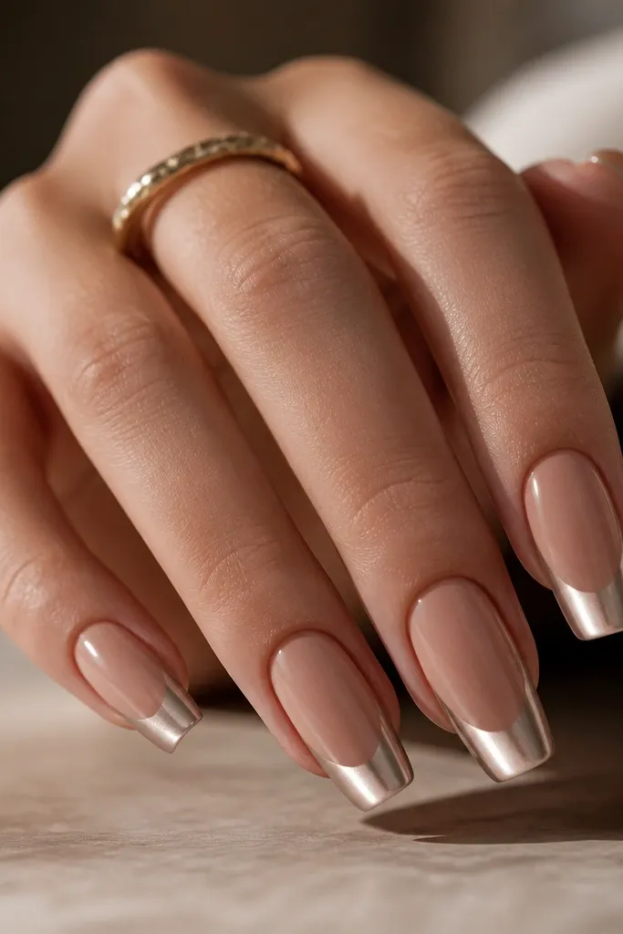 Long squoval nails in a nude tan base. The mirror chrome French tip fades down with a soft V-shaped curve at the smile line, brightest at the center and slightly lower at the sides.