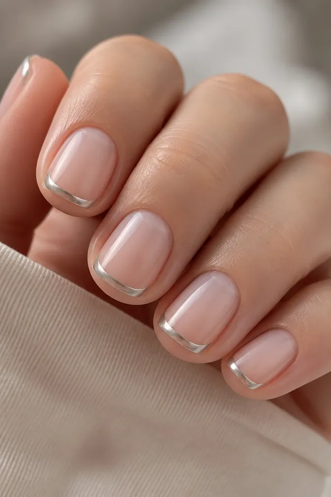 Short square nails with a sheer blush base, a very thin white-less French line replaced by a mirror silver chrome strip at the tip, and a soft shallow smile curve. The chrome is concentrated only on the outer edge, with the rest of the tip area staying sheer pink.