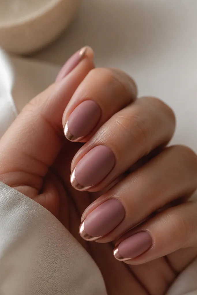 Short almond nails with a mauve-pink base. The French tip has a soft half-moon shape in rose-gold chrome right at the outer tip, leaving the inner part of the tip mauve and matte. The chrome arc is thin and centered, with a neat edge.
